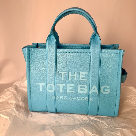 SOLD! NWT MARC JACOBS MEDIUM LEATHER TOTE BLUE WITH STRAP AUTHENTIC - Picture 4 of 9